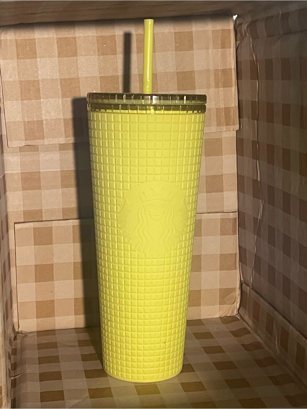 Starbucks Bright Yellow Square Textured Cold Cup with Straw